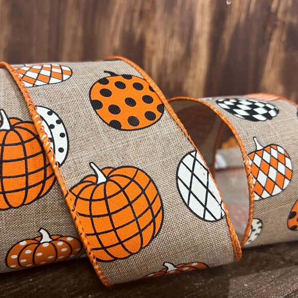 Phenomenal Pumpkin Patch 2.5 Inch Faux Linen Ribbon 10 Yard Roll Craft Supplies - Picture 1 of 6